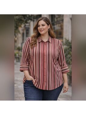 Striped Blouse Womens 1X Button Front Top Business Casual Chic Work